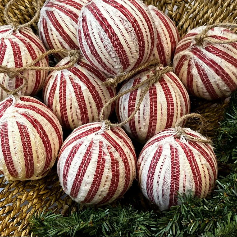 10 Primitive red stripe Fabric RAG BALLS Christmas Ornaments farmhouse decor